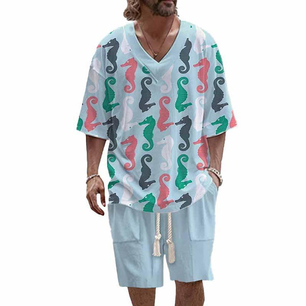 Men's Seahorse Printed Casual Short Sleeve Suit 83037083YY