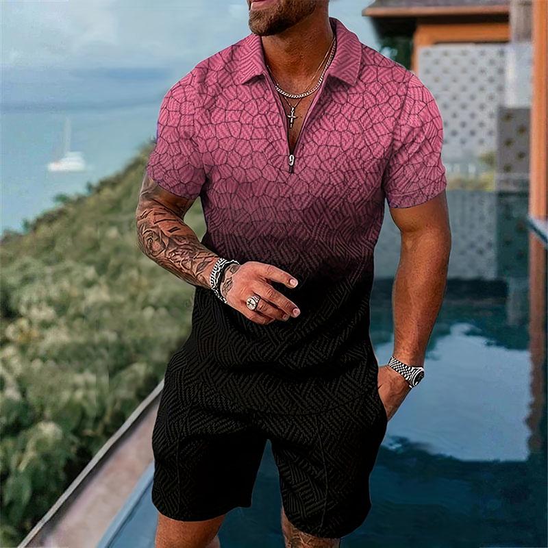 Men's Casual Printed Zipper Polo Short-sleeve and Shorts Suit 70259907YY