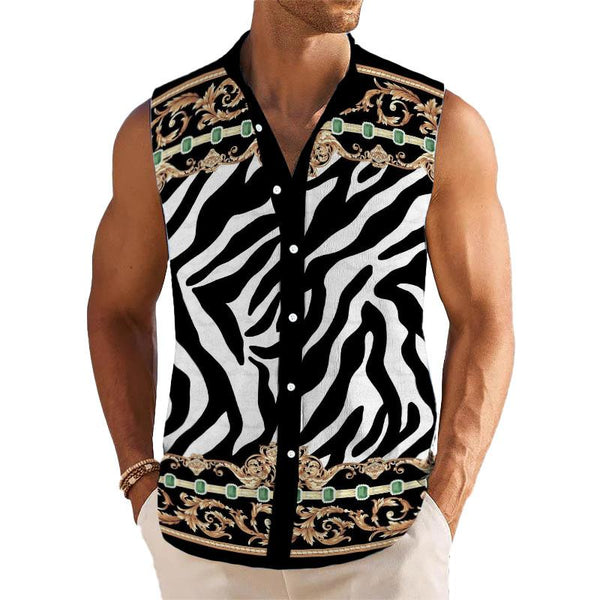 Men's Zebra-stripe Lapel Beach Sleeveless Shirt 35257694YY