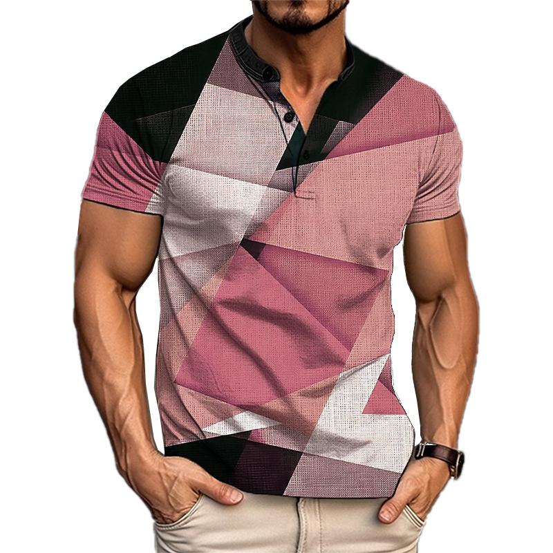 Men's Geometric Stripe 3d Printed Short Sleeve Henry T-Shirt 00343744YY