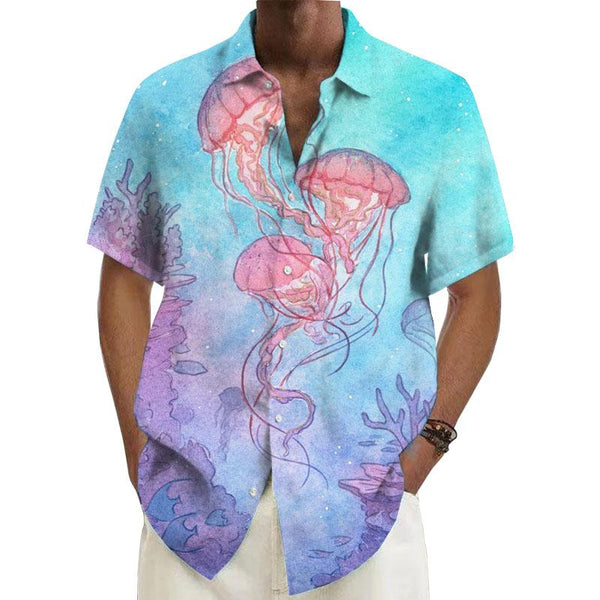 Men's Ramie Casual Jellyfish Printed Short-Sleeved Shirt 90312106YY
