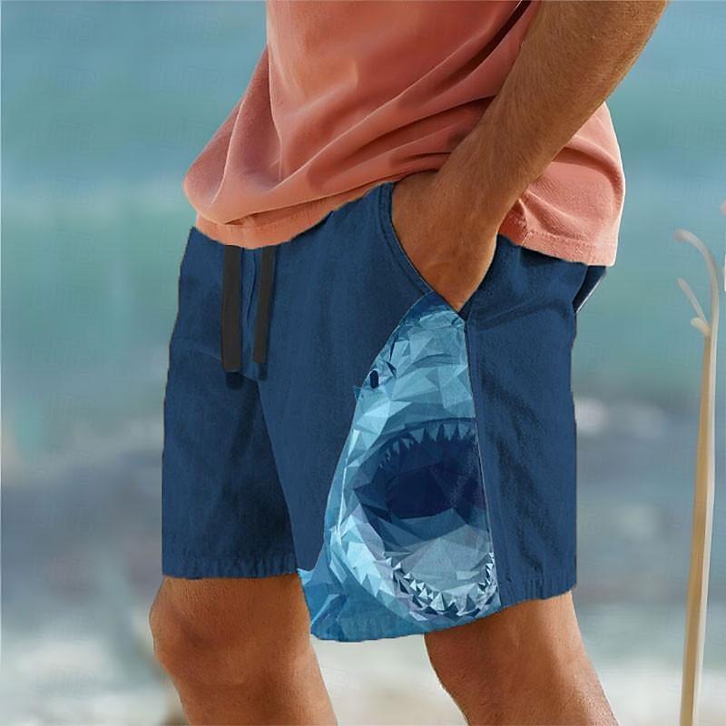Mens Drawstring Elastic Waist Shark 3D Printed Breathable Beach Shorts 44576868YY
