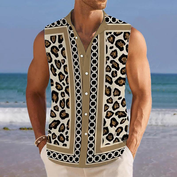 Men's Breathable Linen Lapel Beach Sleeveless Shirt 07468726YM
