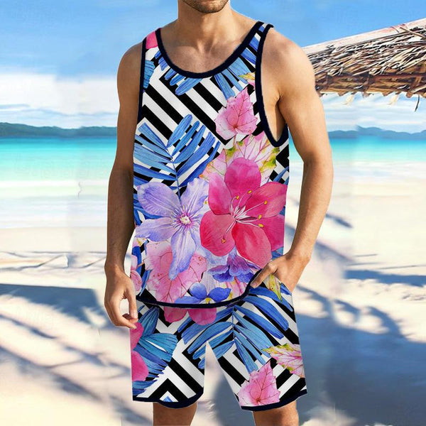 Men Tropical Floral Tank Hawaiian Beach Shorts Sets 81633187YY