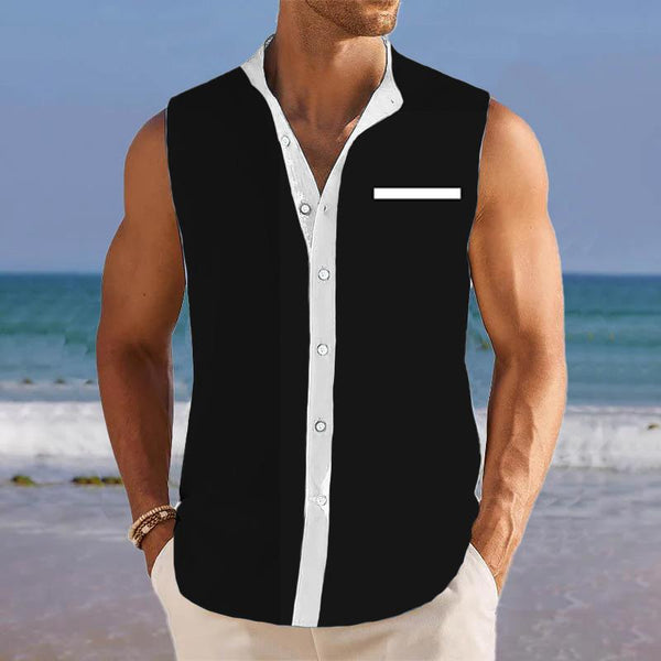 Men's Breathable Linen Lapel Beach Sleeveless Shirt 78304987YM