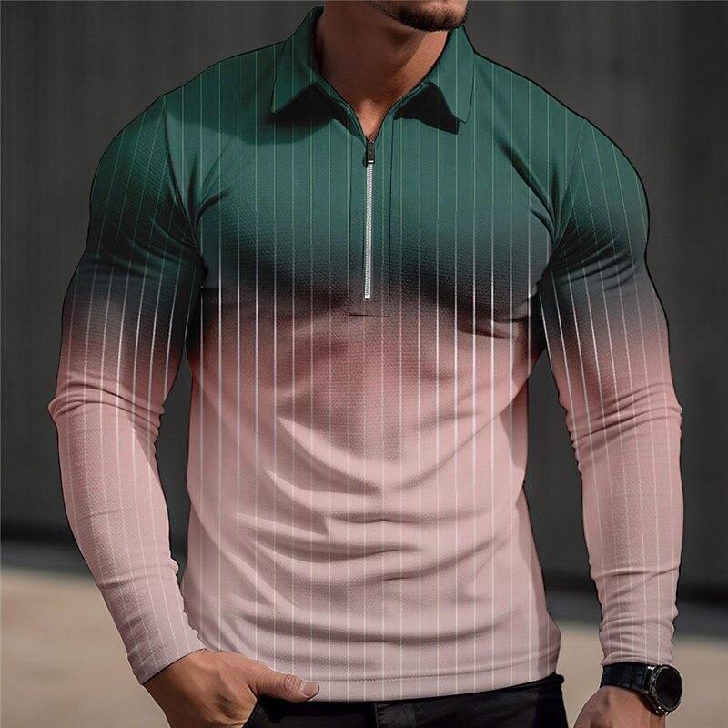 Men's Color Patchwork Stripe Long Sleeve Polo Shirt 04708184YY