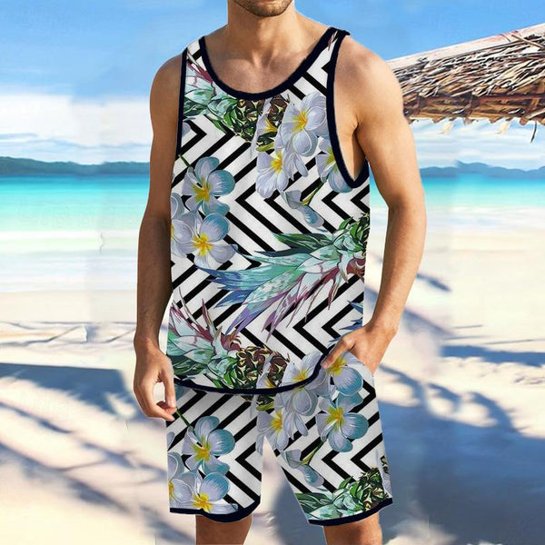 Men Tropical Floral Tank Hawaiian Beach Shorts Sets 25805622YY