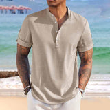 Men's  Linen Casual Henley Shirt Short Sleeve Band Collar Shirt 92920872YY
