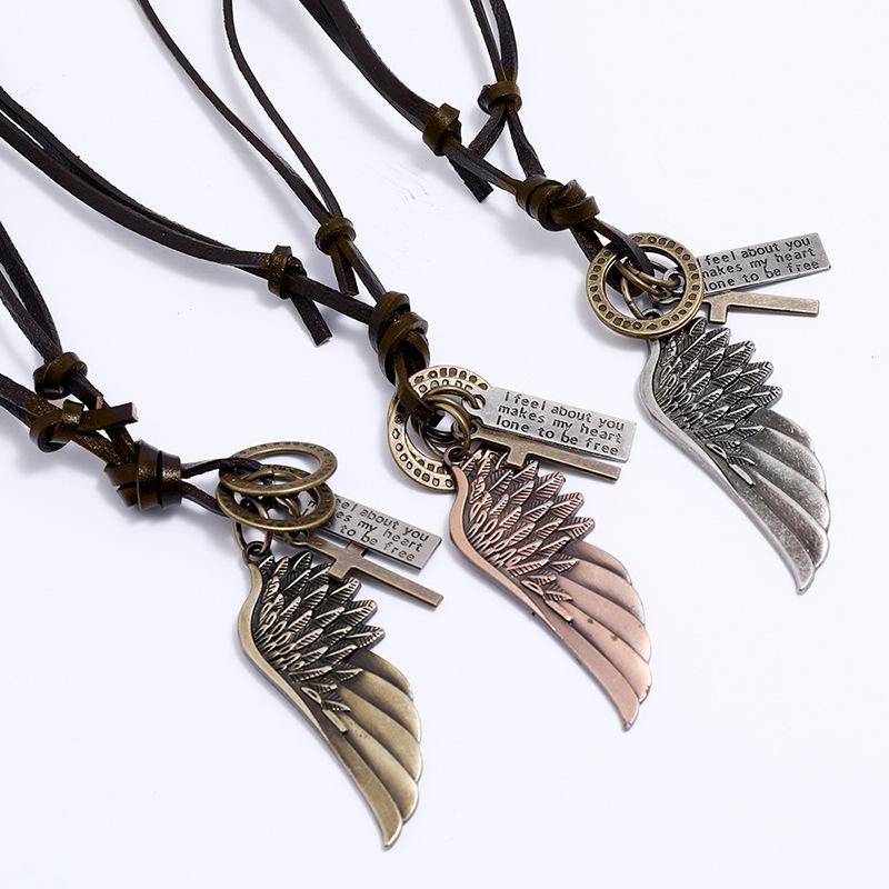 Men's Personalized Angel Wings Leather Necklace 49258647YM