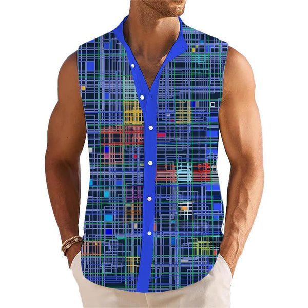 Men's Breathable Linen Lapel Printed Sleeveless Shirt 98235801YM