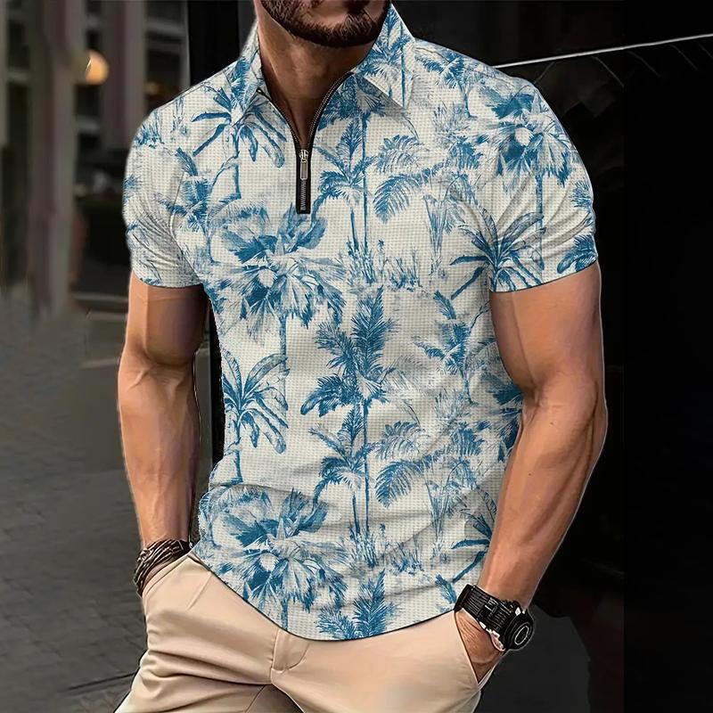 Men's Hawaii Printed Patchwork Zipper Polo Shirt 92084753YY