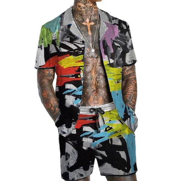 Men's Graffiti Printed Hawaiian Short Sleeve Shirt Set 87412679YY