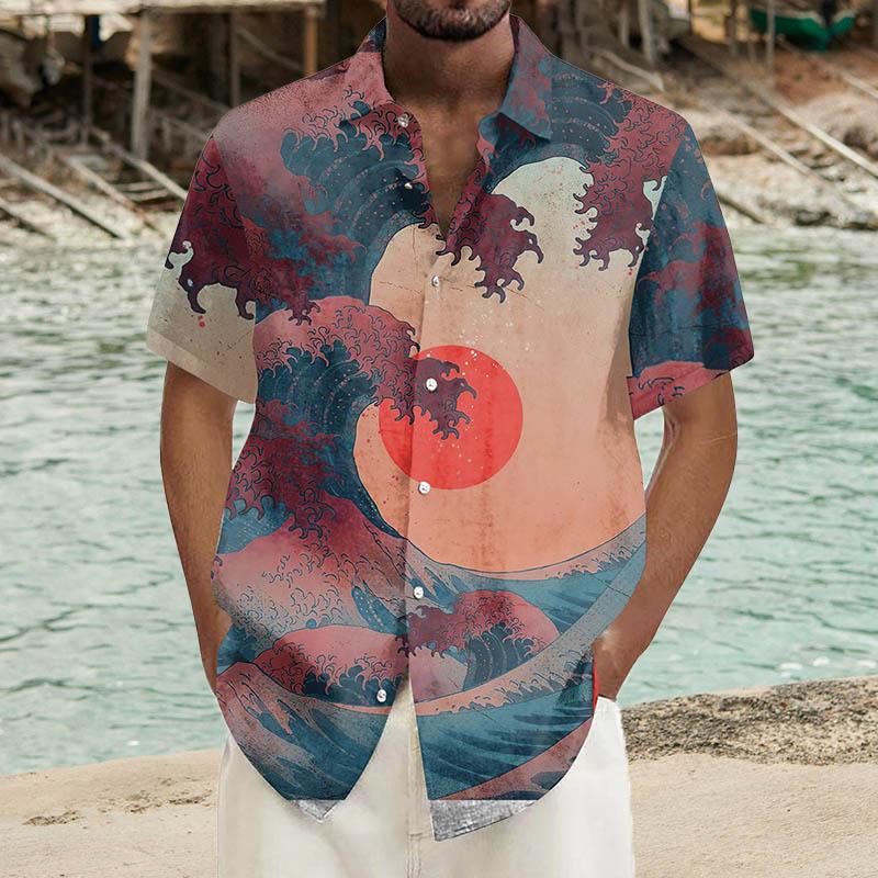 Men's Ramie Casual Mystery Wave Printed Short-Sleeved Shirt 85827444YY
