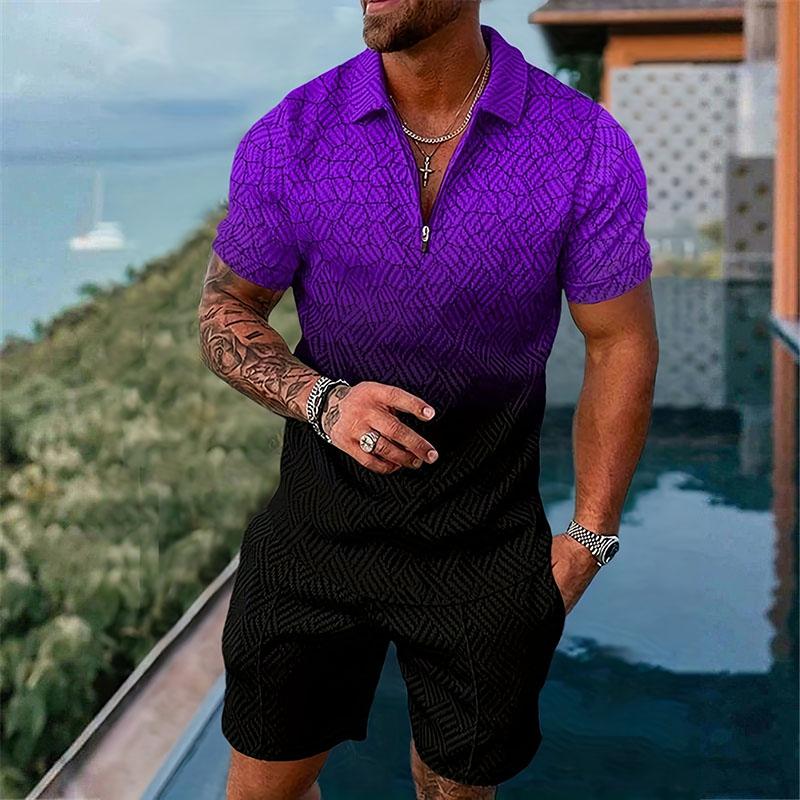 Men's Casual Printed Zipper Polo Short-sleeve and Shorts Suit 70259907YY