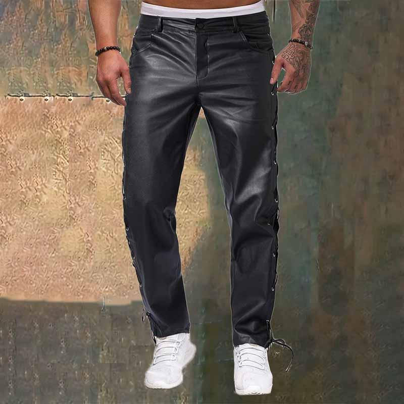 Men's Solid Color Lace-up PU Leather Pants 63114106YY