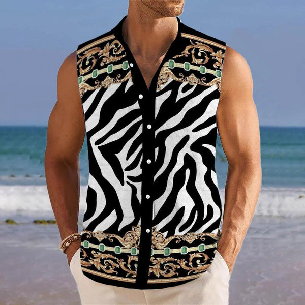 Men's Zebra-stripe Lapel Beach Sleeveless Shirt 35257694YY