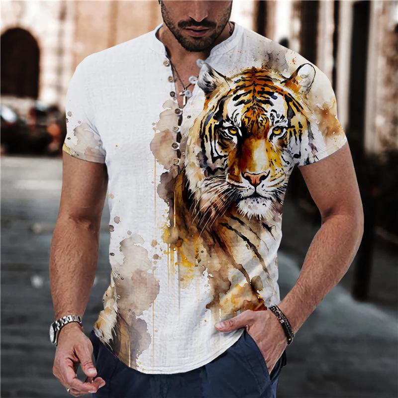 Men's Tiger Print Round Neck Loose Short Sleeve Shirt 97363899L