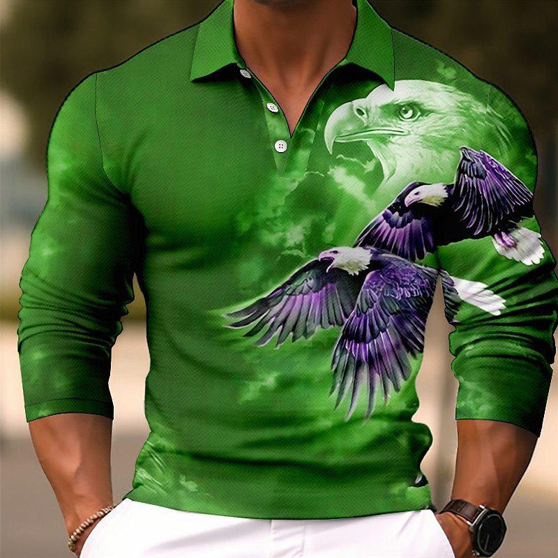 Men's Fashion Eagle 3d Printed Long Sleeve Polo Shirt 85156551YY