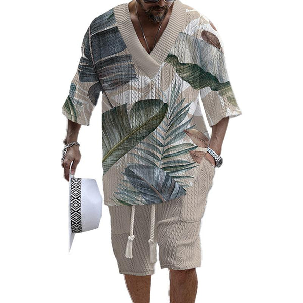 Men's Printed Short Sleeve Shorts Textured Set 13951277YY