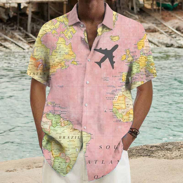 Men's Ramie Casual Holiday Trip Short-Sleeved Shirt 77728714YY