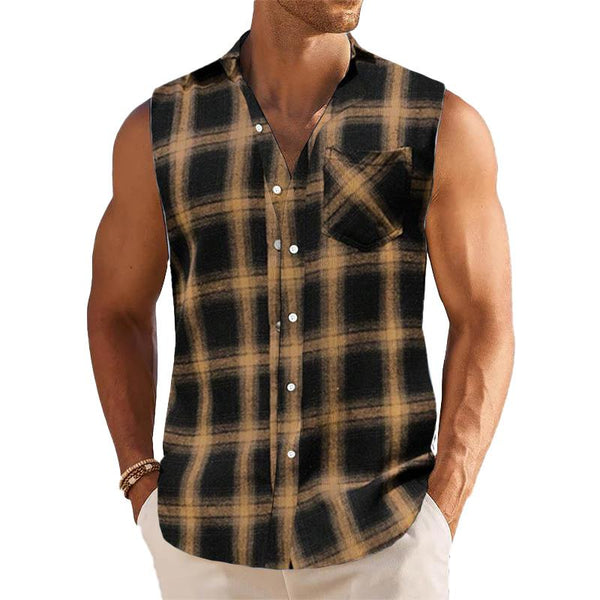 Men's Breathable Linen Lapel Beach Sleeveless Shirt 13374837YM