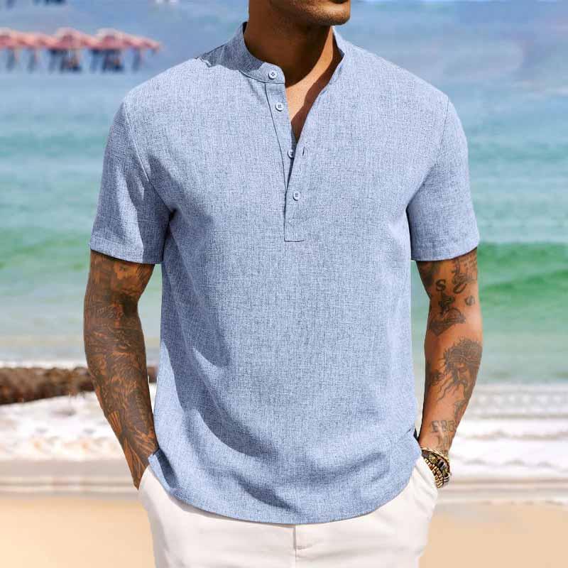 Men's Linen Henley Short Sleeve Beach Shirt 16683647YY