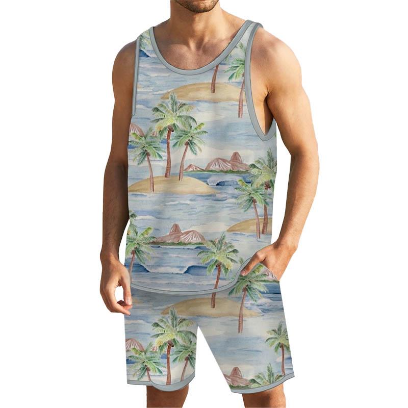 Men Tropical Floral Tank Hawaiian Beach Shorts Sets 39501363YY