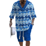 Men's Ocean Wave Printed Short Sleeve Shorts Textured Set 64014611YY