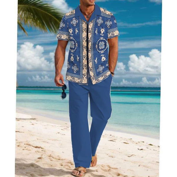 Men's Casual Printed Short Sleeve Shirt and Pants Set 26114280YM