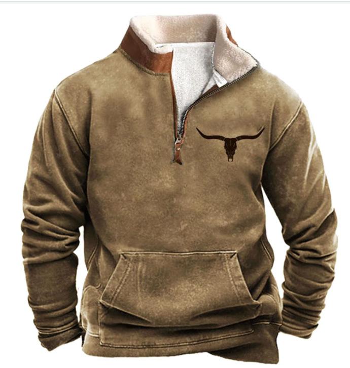 Men's Vintage Print Fur Collar Half Zipper Casual Sweatshirt 68104417YY