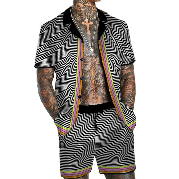 Men's Old-Money Zebra-stripe Short Sleeve Shirt Set 90336928YY