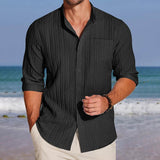 Men's Casual Linen Beach Long Sleeve Button Down Textured Shirt 55020878YY