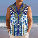 Men's Breathable Linen Lapel Beach Sleeveless Shirt 55103069YM