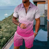 Men's Casual Printed Zipper Polo Short-sleeve and Shorts Suit 79387000YY