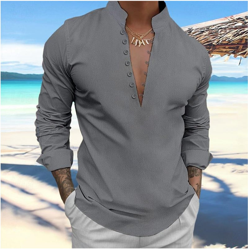 Men's Linen Casual Stand Collar Beach Long Sleeve Shirt 06439798YY