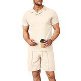 Men's Stylish Waffle V Neck Polo Shirt and Rope Shorts Set 00744142YM