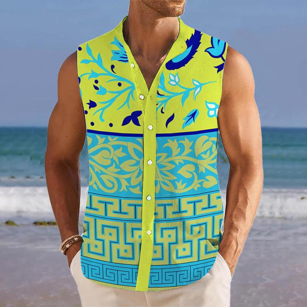 Men's Breathable Linen Lapel Beach Sleeveless Shirt 90009100YM