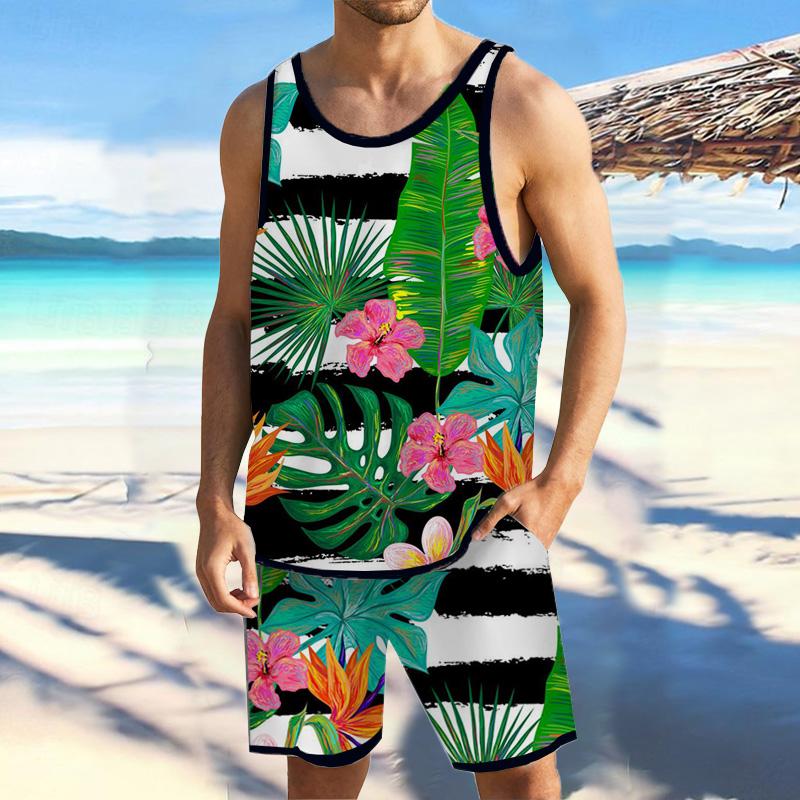 Men Tropical Floral Tank Hawaiian Beach Shorts Sets 50439747YY