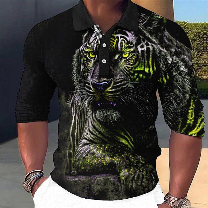 Men's Fashion Tiger 3d Printed Long Sleeve Polo Shirt 77579643YY