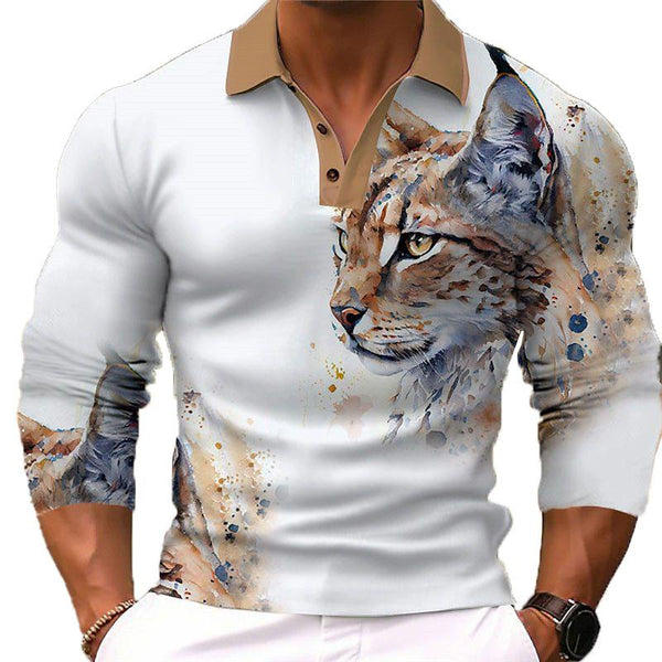 Men's Fashion Cat 3d Printed Long Sleeve Polo Shirt 22373596YY