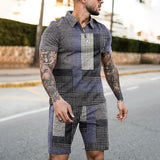 Men's Retro Printed Zipper Short Sleeve Polo Shorts 2 Pice Sets 86611288YY