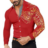 Men's Lapel Hot Stamped Printed Long Sleeve Shirt 48843049YM
