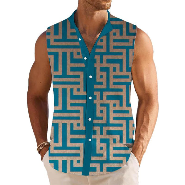 Men's Breathable Linen Lapel Sleeveless Shirt 20270581YM