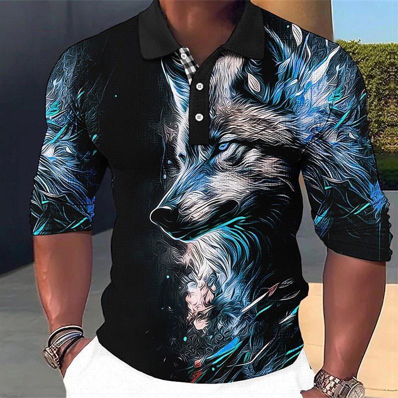 Men's Fashion Wolf 3d Printed Long Sleeve Polo Shirt 75661880YY