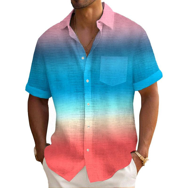 Men's Printed Cotton and Linen Short Sleeve Pocket Shirt 81328192YY