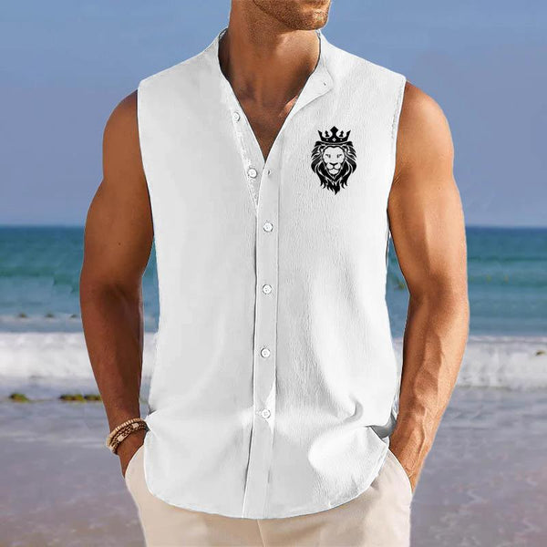 Men's Breathable Linen Lapel Sleeveless Shirt 89055534YM