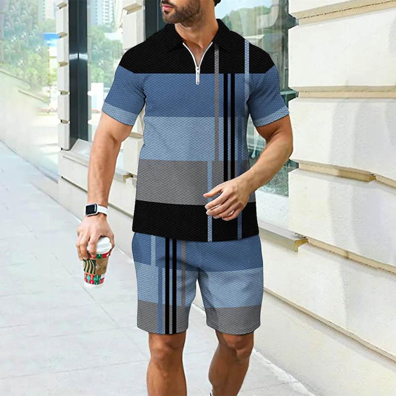 Men's Street Printed Zipper Polo Short-sleeve and Shorts Suit  43649971YY