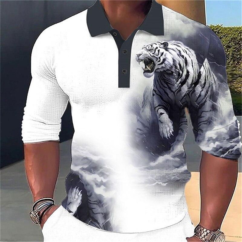 Men's Fashion Tiger 3d Printed Long Sleeve Polo Shirt 52588497YY