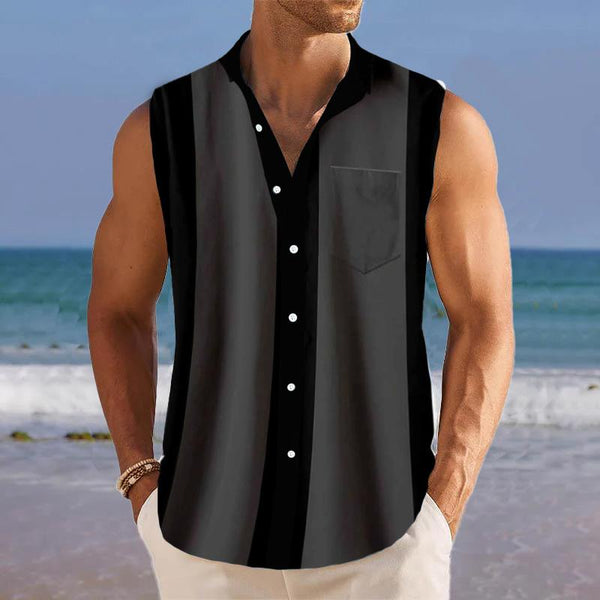 Men's Breathable Linen Lapel Beach Sleeveless Shirt 52682242YM
