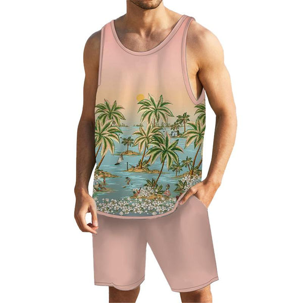 Men's Tropical Plant Tank Hawaiian Beach Shorts Sets 73774444YY